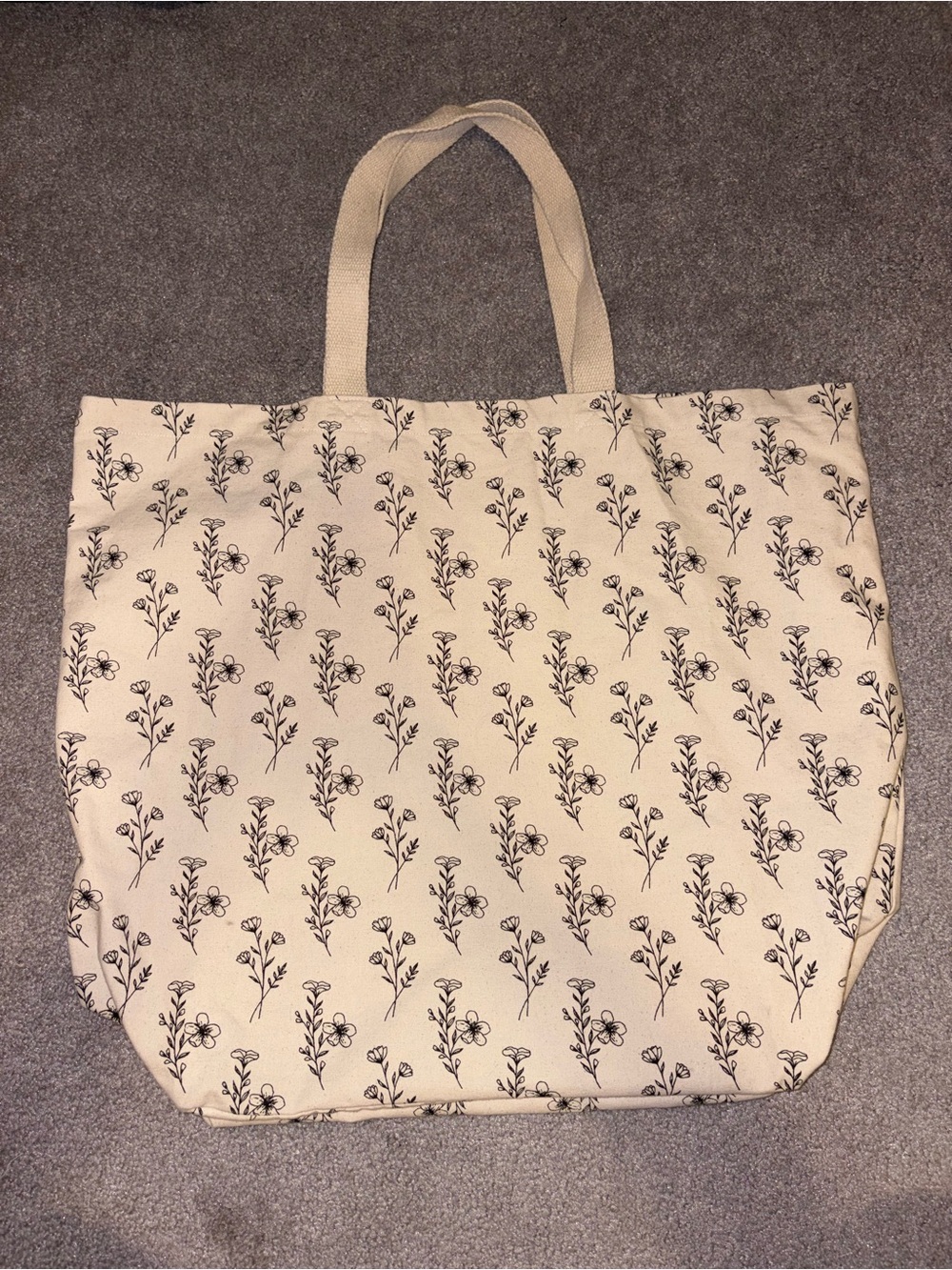 Canvas Floral Tote Bag - Cream with Black Print